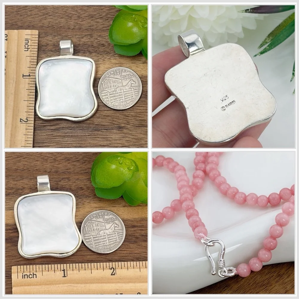 Vintage Barse Sterling Silver 925 Mother of Pearl Slider Pendant Wavy Square